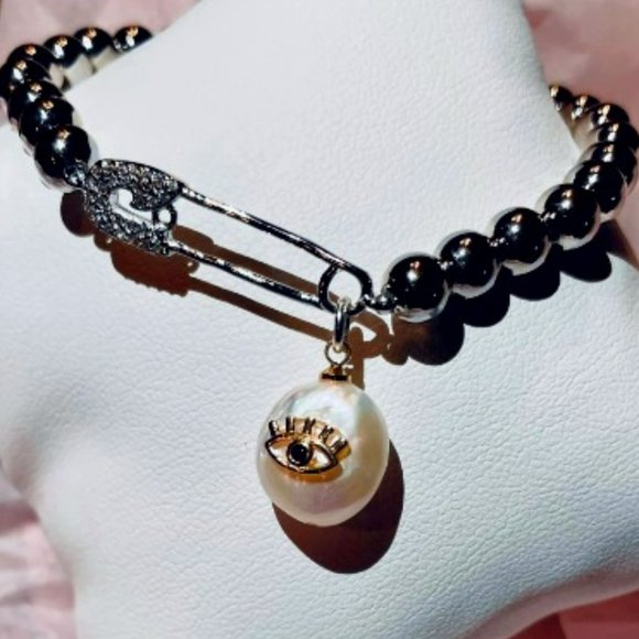 Jewelry - Silver Crystal Pearl Safety Pin Evil Eye Bracelet